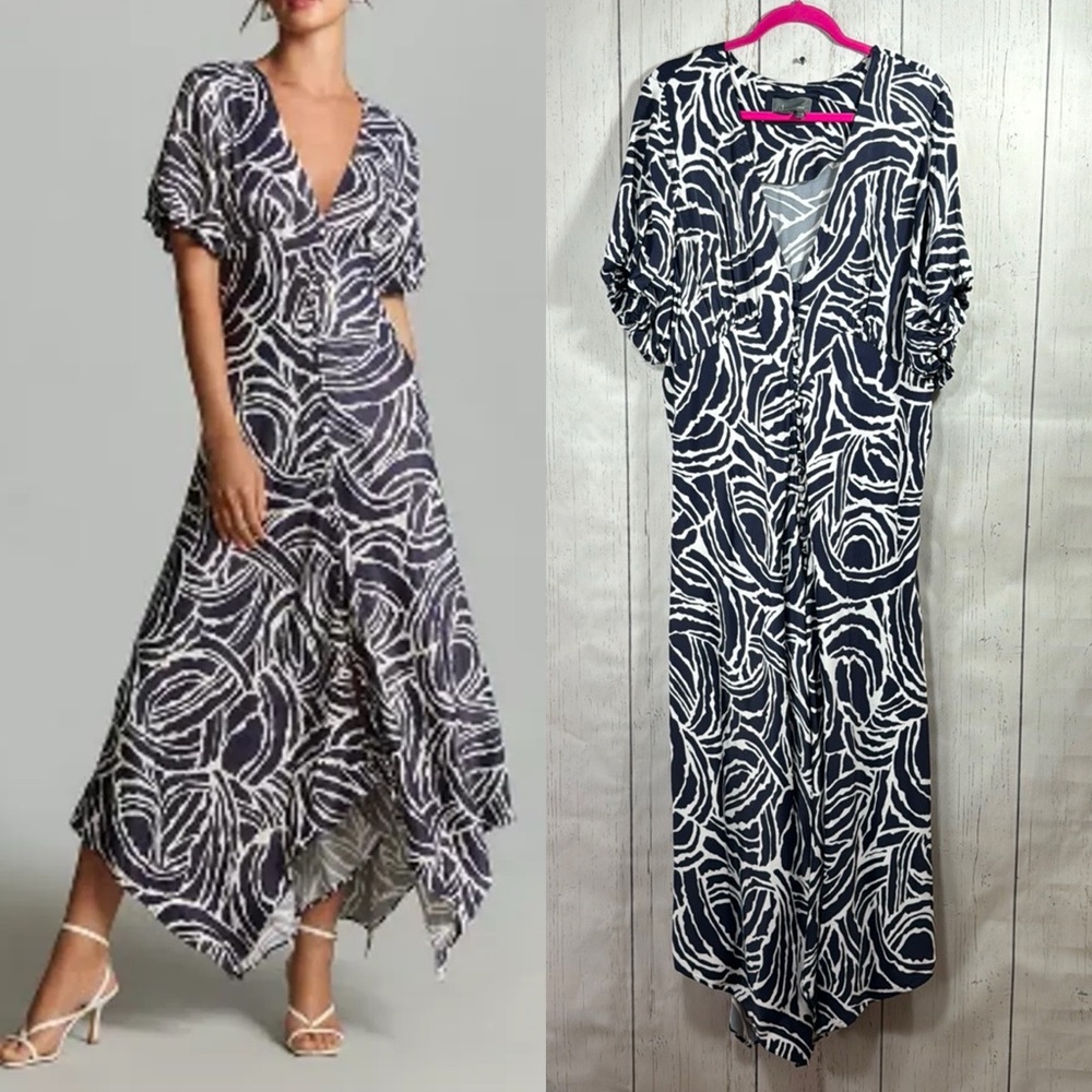 Anthropology Short Sleeves V Neck Button Front Printed Blue White Midi Dress